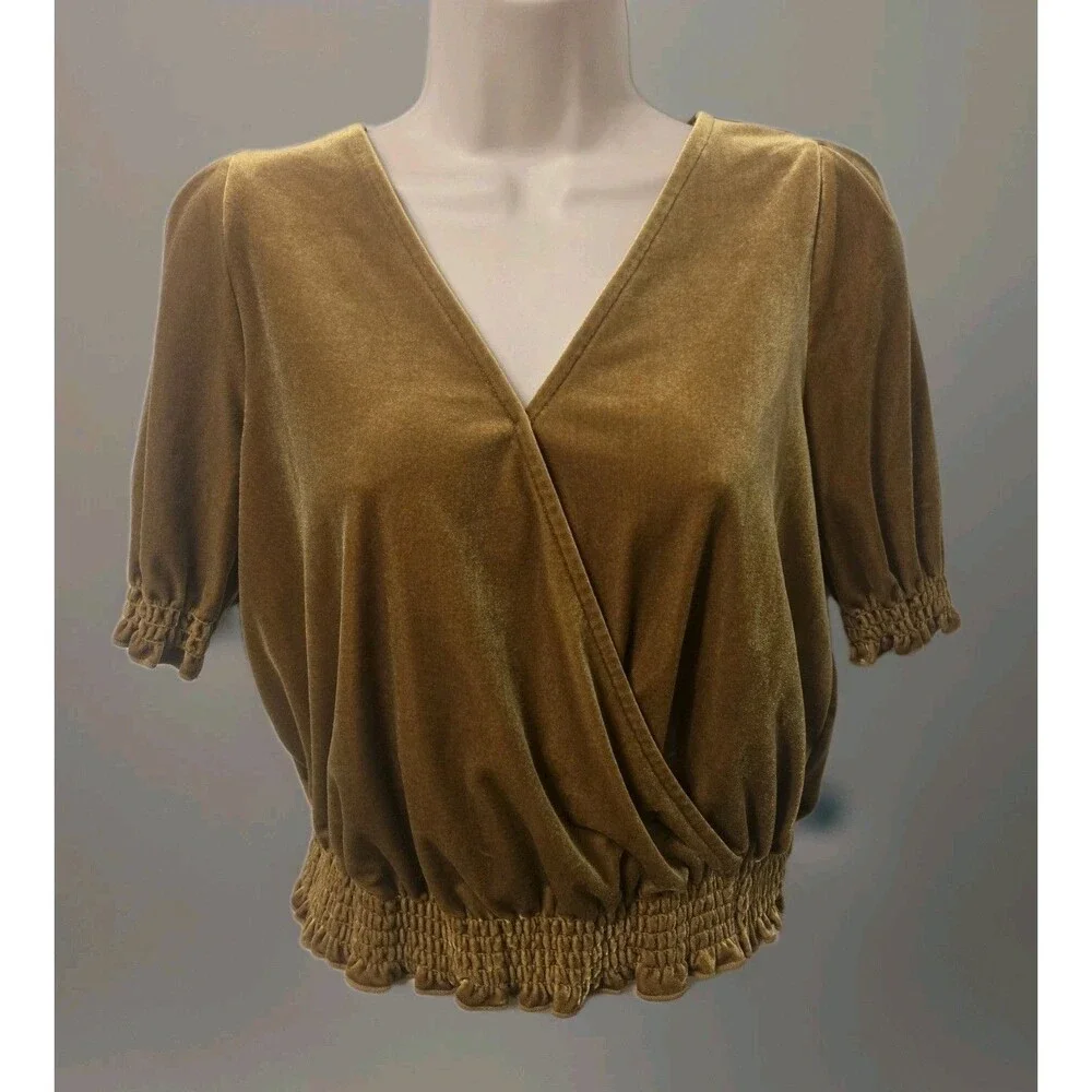 Madewell Velvet Wrap Top XS Mustard Gold Puff Sleeve Renaissance Boho Whimsigoth